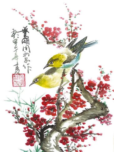 手绘水墨花鸟