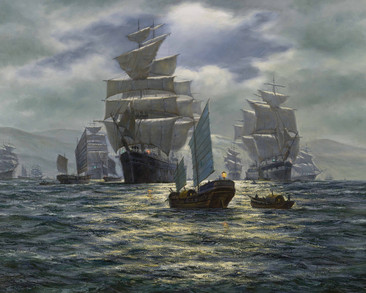 美丽大帆船船队油画