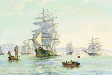 美丽大海黑色帆船油画