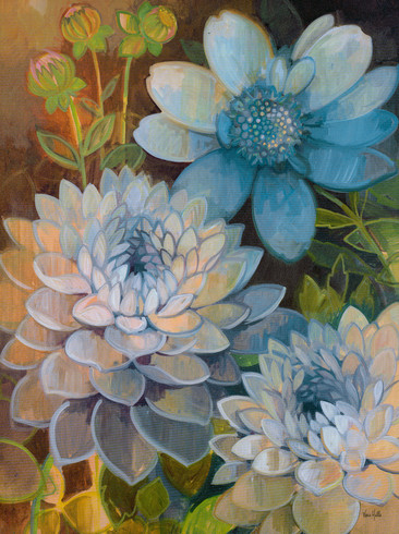 手绘蓝底插瓶白花装饰画