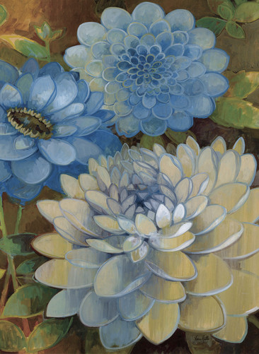 手绘蓝底插瓶白花装饰画