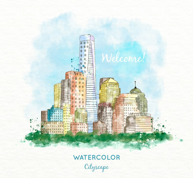 水彩绘城市建筑风景矢量图