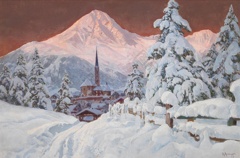 雪中城堡风景油画