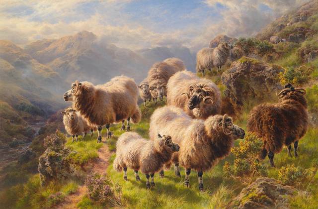 山上的羊群风景油画