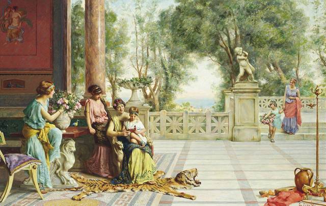 花园里休息的女人和小孩宫廷油画装饰画