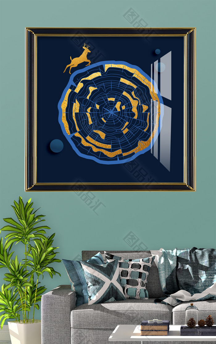 蓝色背景金色麋鹿装饰画 蓝色背景金色麋鹿装饰画