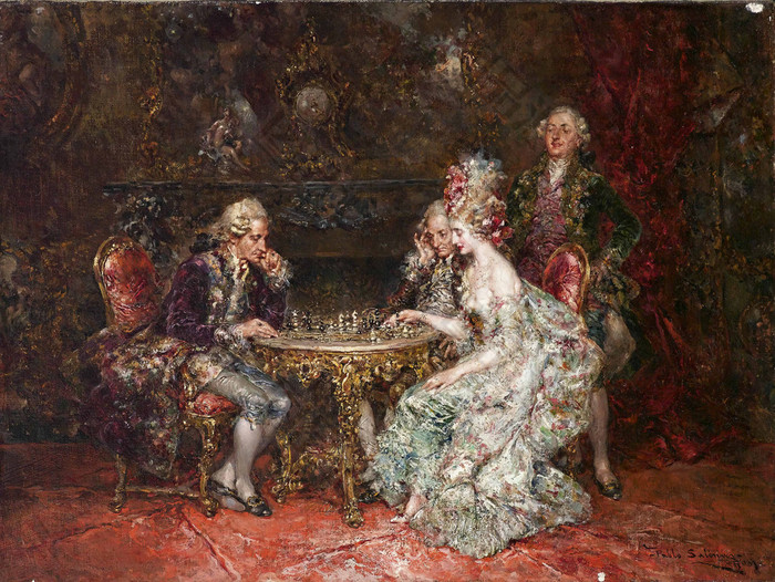 下国际象棋的贵族欧洲宫廷油画