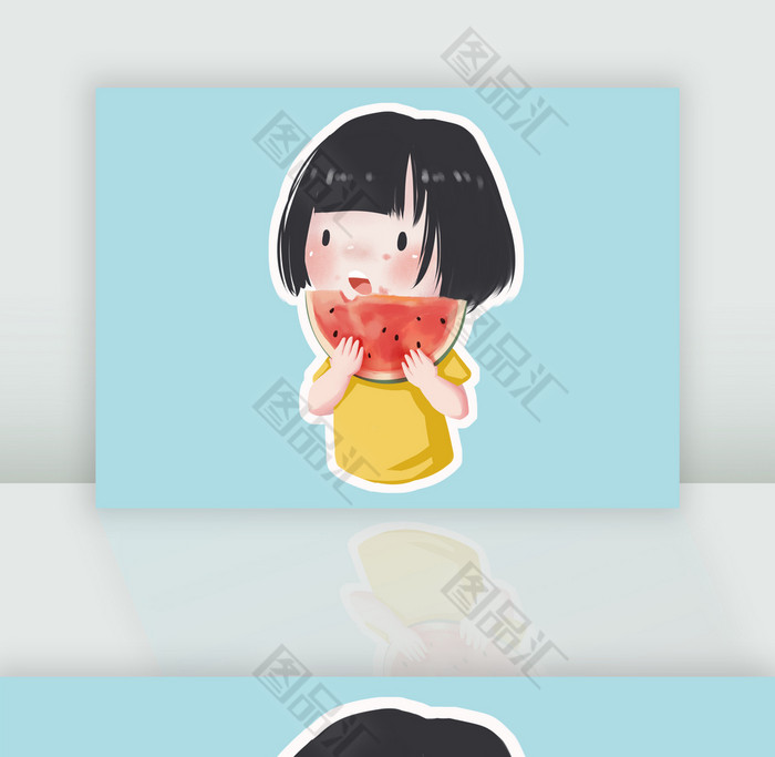 手绘卡通女孩吃西瓜小暑元素