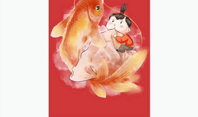 红色喜庆春节新年卡通儿童金鲤插画素材