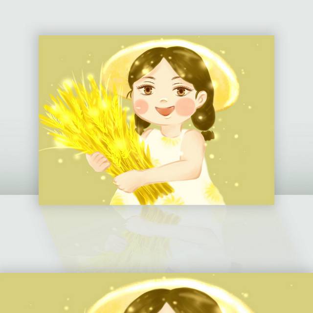 手绘抱麦穗的女孩秋韵元素插画