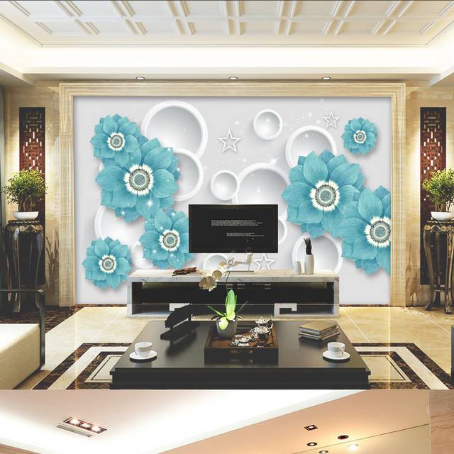 立体蓝色花卉客厅电视背景墙