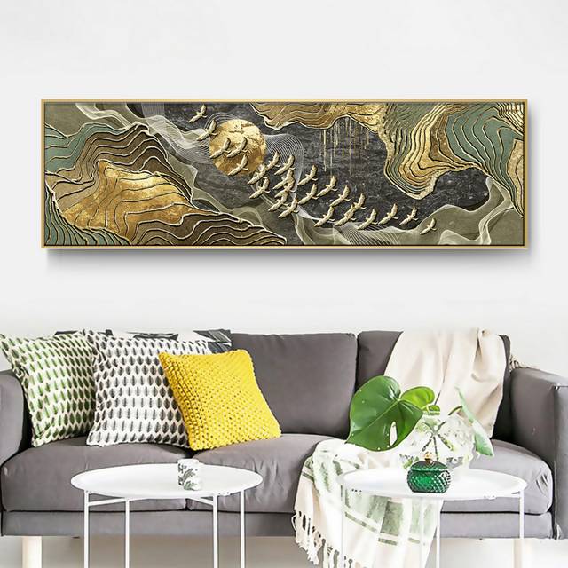新中式抽象线条山峰飞鸟床头装饰画
