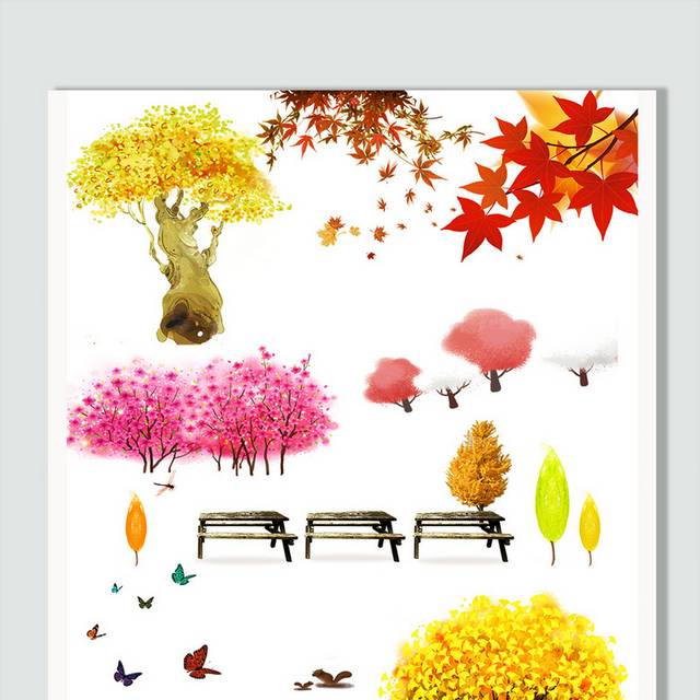 秋季促销树和树叶元素集锦
