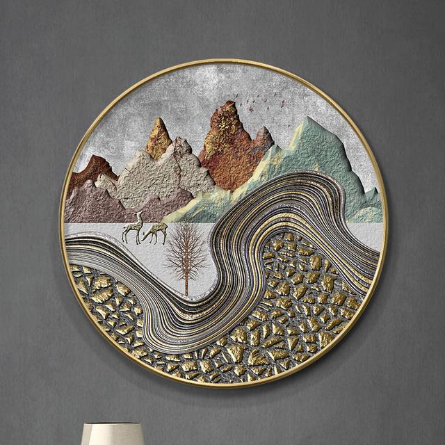 新中式金箔线条立体山峰麋鹿圆形装饰画