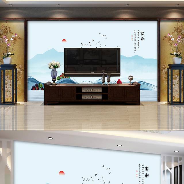 新中式手绘抽象山水客厅沙发背景墙