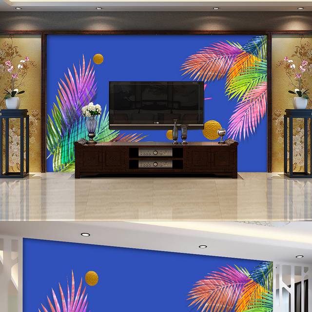 蓝色小清新彩色叶子客厅电视背景墙模板