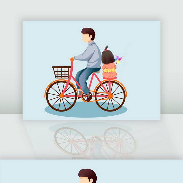 卡通手绘父女骑自行车人物插画父亲节素材