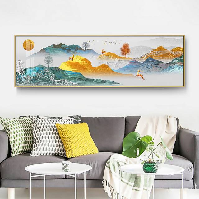 新中式蓝色水彩金色山峰麋鹿床头装饰画
