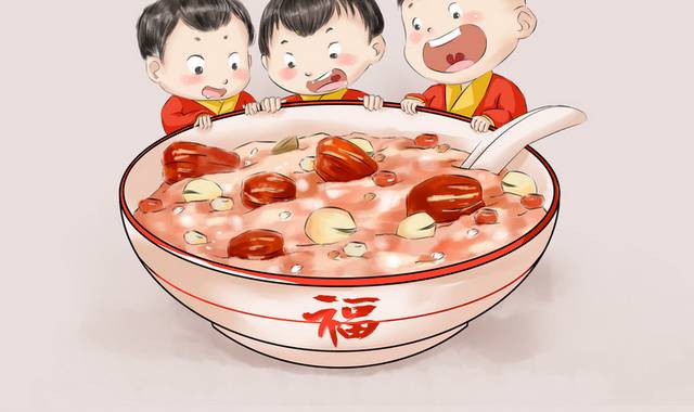三个卡通儿童吃腊八粥春节插画