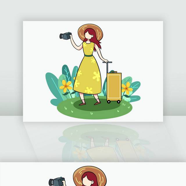 手绘拉着行李箱旅行的卡通女孩五一出游插画
