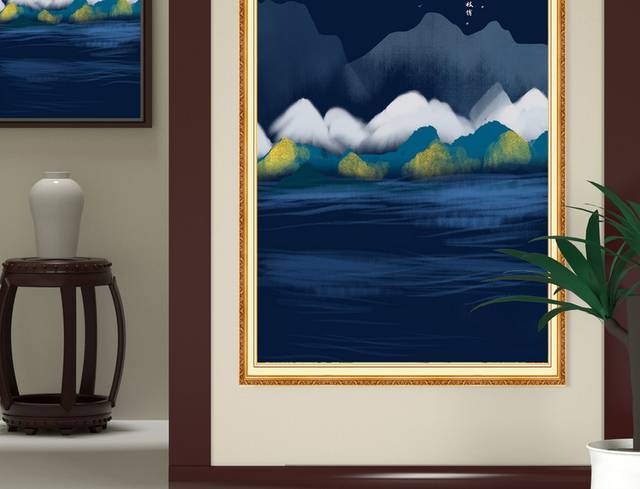 深蓝色水墨山水意境玄关装饰画