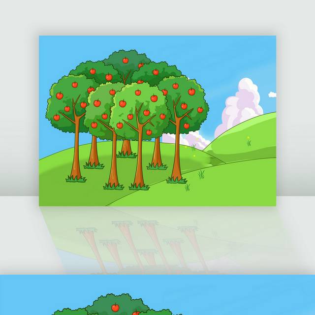 手绘卡通草地上的苹果树插画