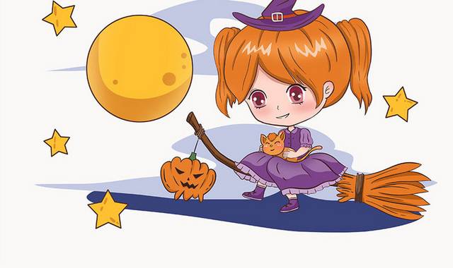 万圣节手绘卡通二次元魔女骑飞天扫把女巫南瓜插画元素