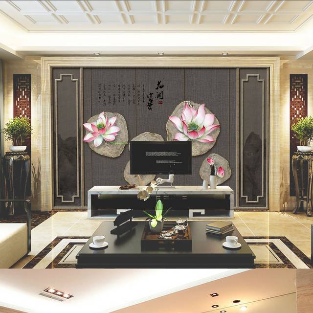 新中式荷花客厅电视背景墙设计