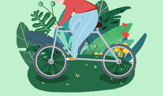 绿色春天卡通手绘骑自行车春分节气