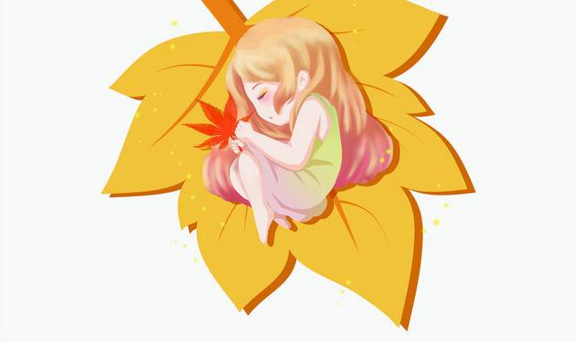 睡在枫叶上的卡通小姑娘立秋节气插画
