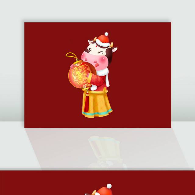 拿着红灯笼的卡通牛春节新年素材