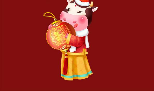 拿着红灯笼的卡通牛春节新年素材
