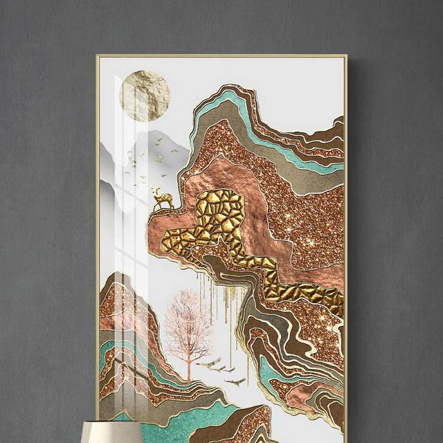 新中式抽象金色线条山水麋鹿装饰画