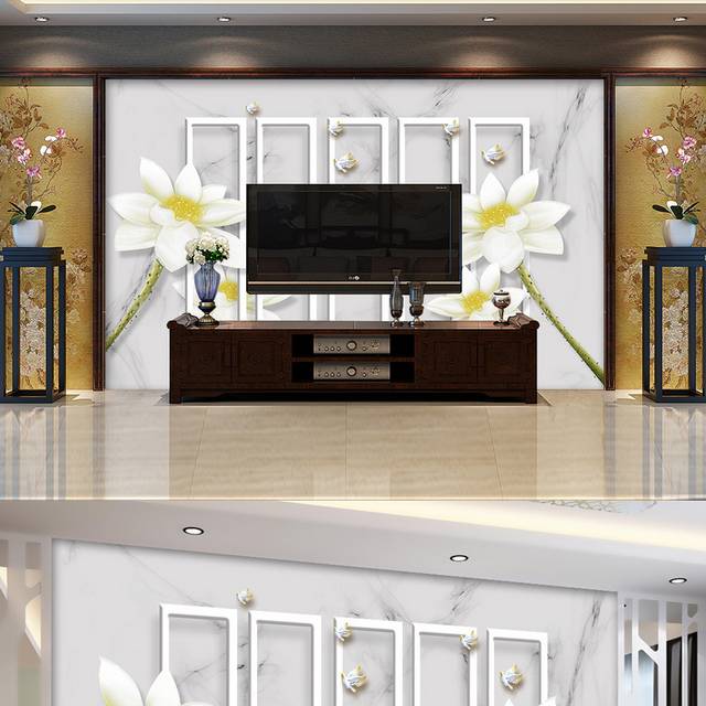 白色简约立体花卉客厅背景墙设计