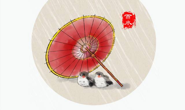 手绘伞下的燕子雨水节气插画