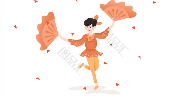 手绘卡通中国扇子舞传统习俗女生人物插画元素 图品汇