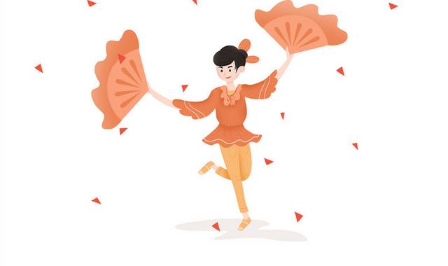 手绘卡通中国扇子舞传统习俗女生人物插画元素