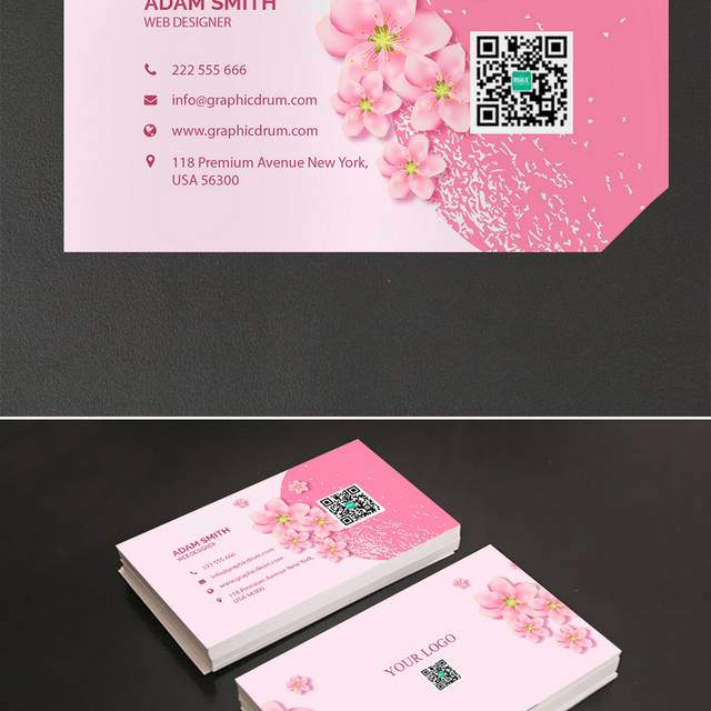 粉色花朵花店名片设计