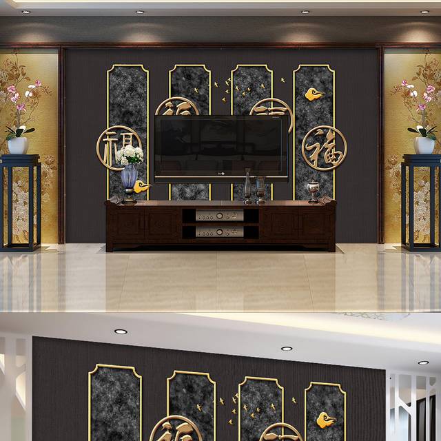 高端奢华新中式客厅电视背景墙模板