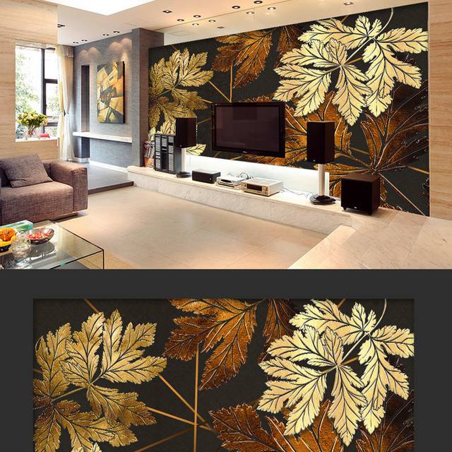 大气金色叶子奢华客厅背景墙模板