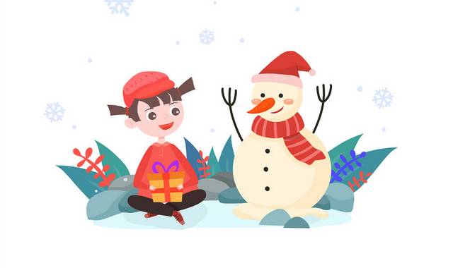 手绘卡通冬天冬季圣诞节女孩雪人场景插画元素