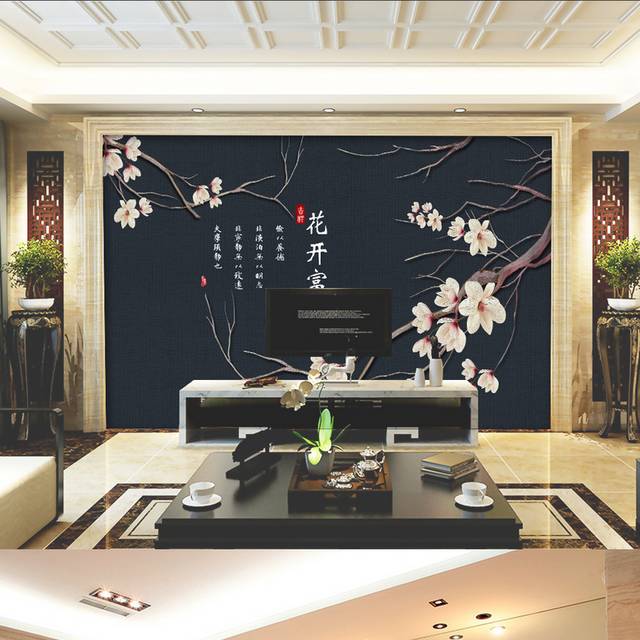 简约新中式花开富贵客厅背景墙模板