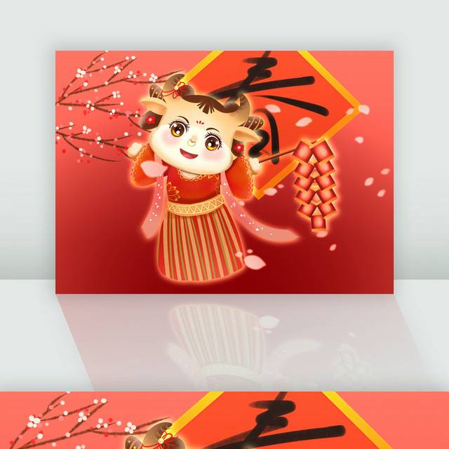 原创手绘唐风新年小牛放鞭炮插画