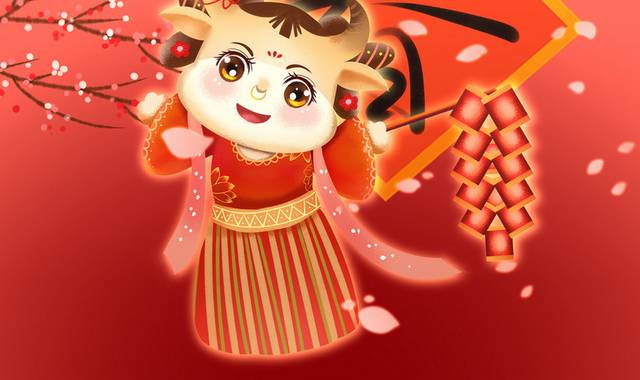 原创手绘唐风新年小牛放鞭炮插画