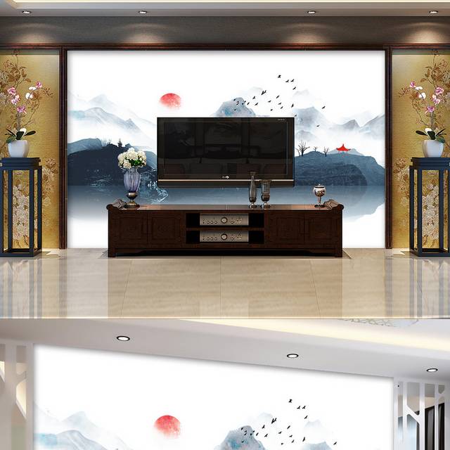 新中式水墨山水画客厅电视背景墙