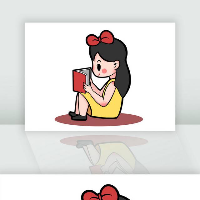 卡通女孩看书阅读插画