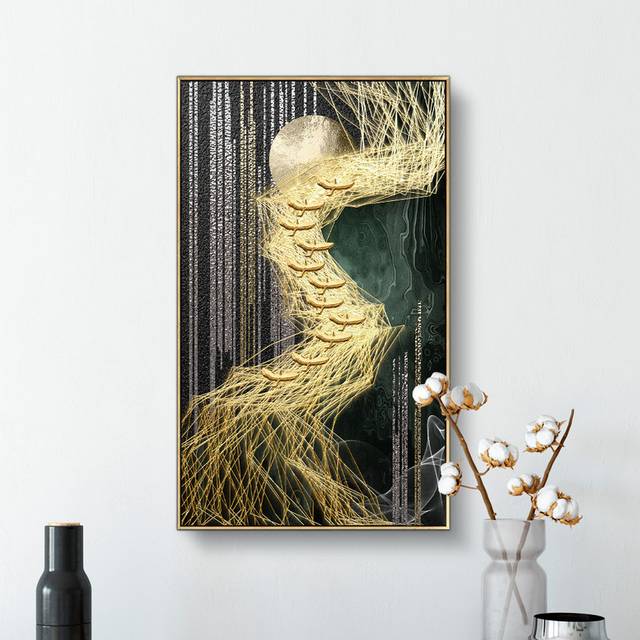 新中式抽象金色线条日月飞鸟装饰画