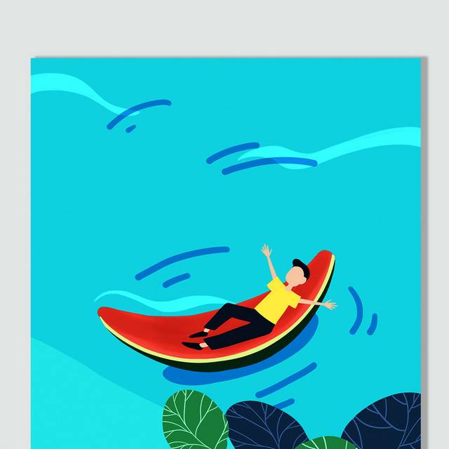 躺在西瓜上游泳的卡通男孩夏至节气插画