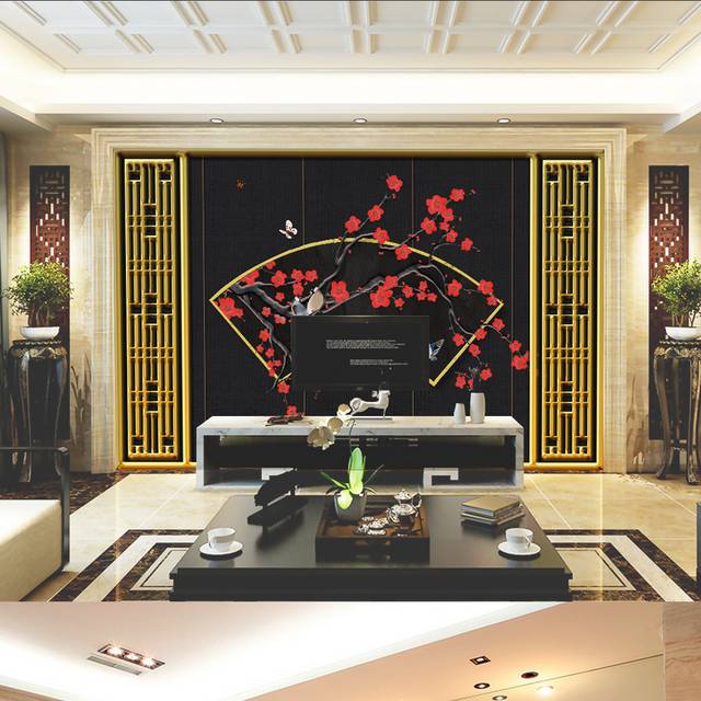 红色梅花新中式客厅背景墙模板