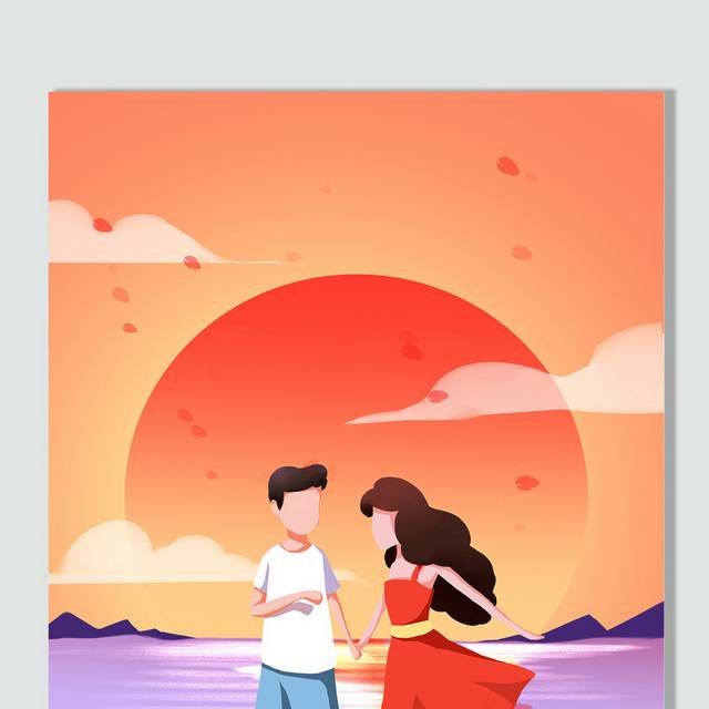 海边漫步的情侣人物插画素材